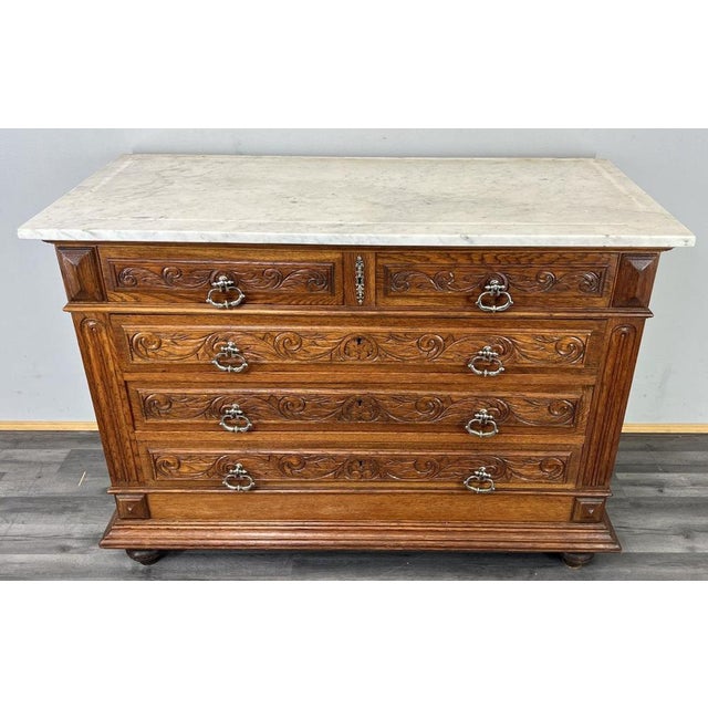 Antique French Style Carved Oak Chest of Drawers with Marble Top For Sale - Image 18 of 18