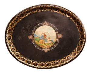 19th Century French Napoleon III Hand-Painted Oval Tole Tray With Family Scene