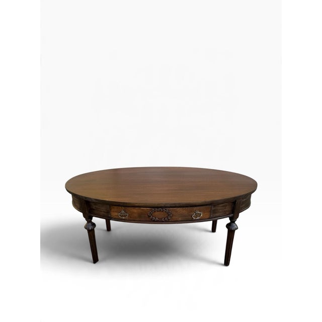 Wood Vintage Refinished Oval Mahogany Frame Coffee Table With Storage Drawer and Carved Details For Sale - Image 7 of 11