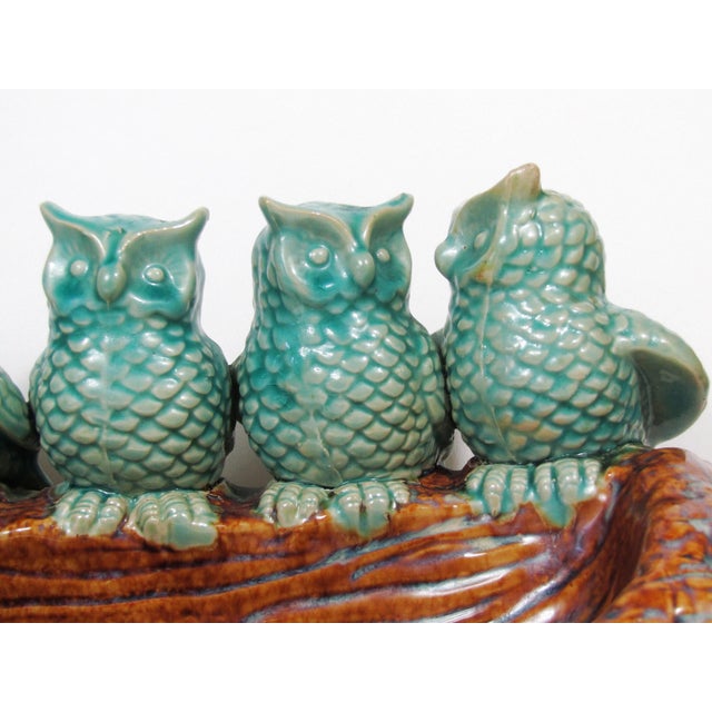 Turquoise Ceramic “Owls on a Log” Planter/Centerpiece – 14.5" Vintage For Sale - Image 4 of 10