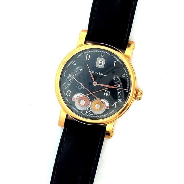 Contemporary Martin Braun EOS 39 Wristwatch Sunrise Sunset 18k Gold Leather Box Cert For Sale - Image 3 of 11