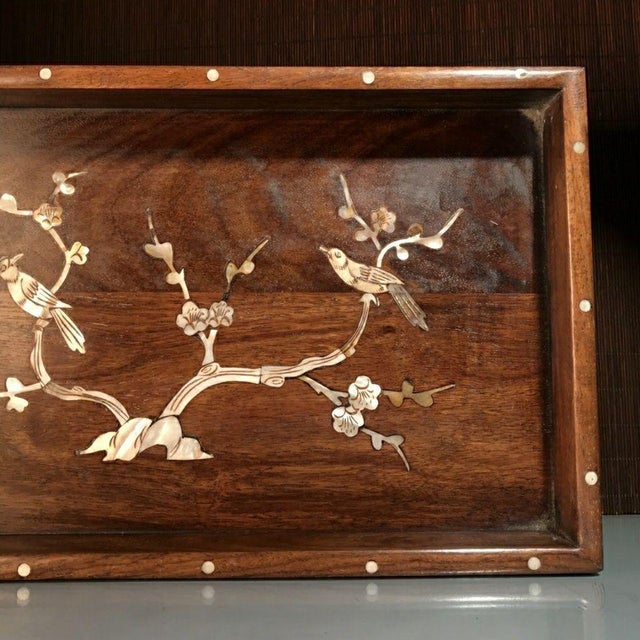 Vintage Huanghuali Wood Tray With Mother-of-Pearl Birds For Sale In Los Angeles - Image 6 of 9