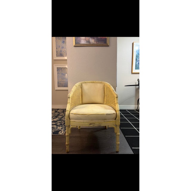 1970s Vintage Solid Wood Faux Bamboo & Cane Barrel Chairs - Pair - Needs Reupholstery For Sale - Image 5 of 8