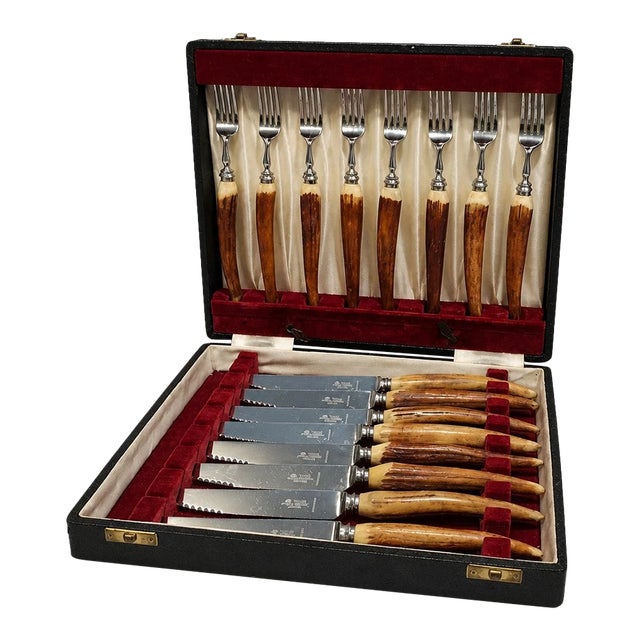 Taylor Witness Sheffield 16pc Stainless Steak Knife Fork Set, Stag Wood With Case For Sale