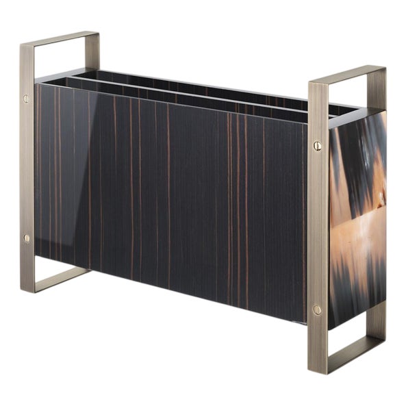 Dante Magazine Rack in Lacquered Black Wood and Leather and Steel by Arcahorn For Sale