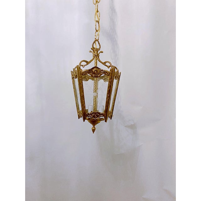 Traditional Vintage Bronze Lantern With Etched Glass Panels For Sale - Image 3 of 7