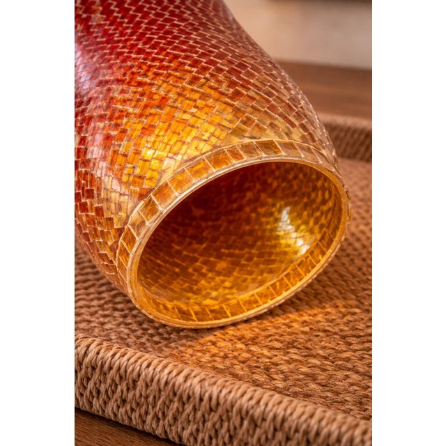Late 20th Century Large Red to Amber Mosaic Glass Hurricane Candle Holder – Oversized Decorative Votive For Sale - Image 5 of 6