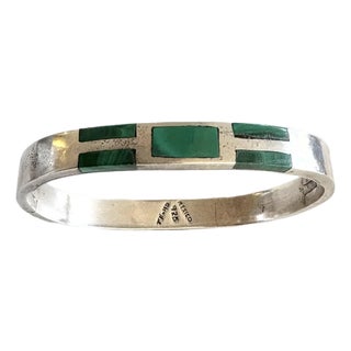 Vintage Sterling Silver Taxco Hinge Bracelet With Malachite Inlay - Stamped 925/Mexico For Sale
