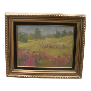 Impressionist Style Bucolic Landscape Acrylic Painting with Bales of Hay, Wildflowers and a Forest For Sale