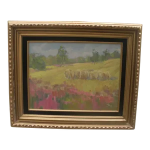 Impressionist Style Bucolic Landscape Acrylic Painting with Bales of Hay, Wildflowers and a Forest