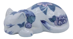 Mid 20th Century Asian Blue and White Ceramic Cat