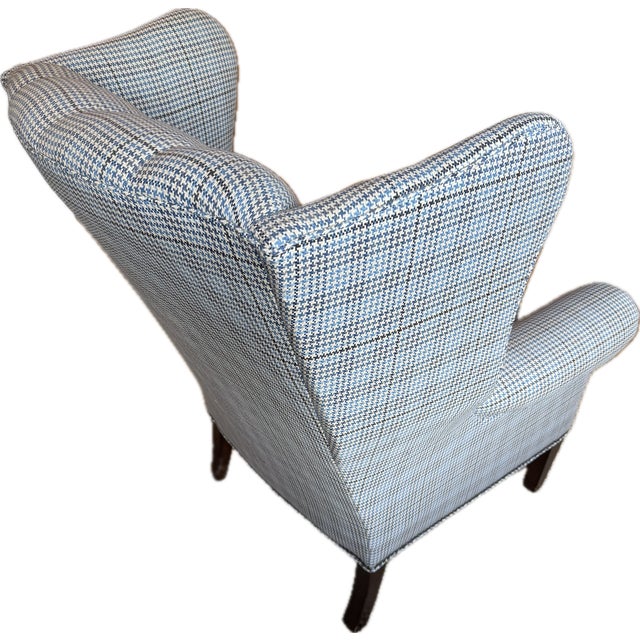 Mitchell Gold + Bob Williams Custom Tufted Navy Blue, Gray, Light Blue Hounds-Tooth Wingback Chair in Schumacher For Sale - Image 4 of 18