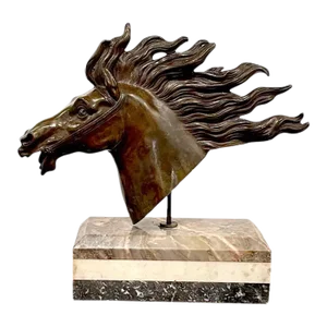 Italian 18th C Grand Tour Roman Bronze Bust of a Horse, Specimen Marble Base