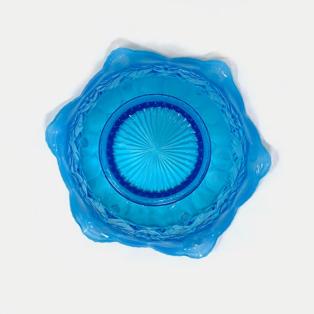 Fenton Art Glass Company Antique Fenton Blue Opalescent Honeycomb & Clover Fluted Crimped Glass Bowl For Sale - Image 4 of 5