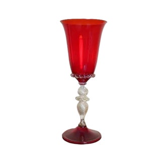 Italian Ruby Red Murano Art Glass Chalice With Gold Aventurine Stem 1970s For Sale