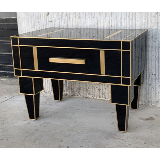 2010s New Pair of Mirrored Low Nightstand in Black Mirror and Chrome With Drawer For Sale - Image 5 of 11