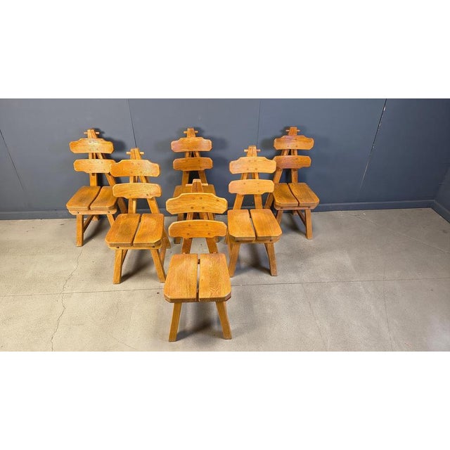 Mid century solid wood brutalist dining chairs, set of 6 Cool triangular shaped backrest with curved backpanels. Good...