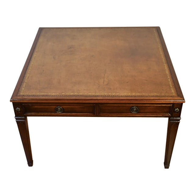1940s Baker Regency Mahogany & Leather Top Coffee Table With Pull-Out Tray For Sale