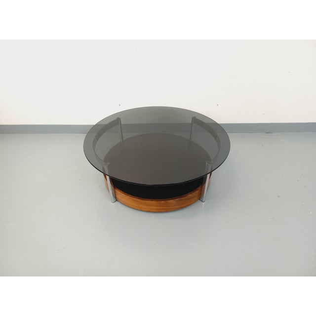 Vintage Italian Round Coffee Table in Teak, Chrome Metal and Smoked Glass, 1960s For Sale - Image 11 of 18