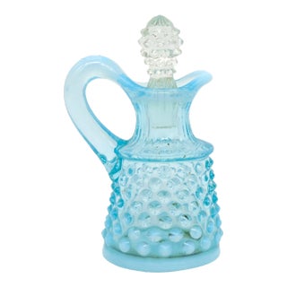 Mid 20th Century Fenton Hobnail Cruet Blue Opalescent Glass With Stopper and Handle For Sale