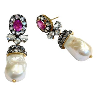 Bochic "Orient" Vintage Ruby, Topaz & White Pearls Earrings - 18K Gold & Silver For Sale