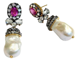 Bochic "Orient" Vintage Ruby, Topaz & White Pearls Earrings - 18K Gold & Silver