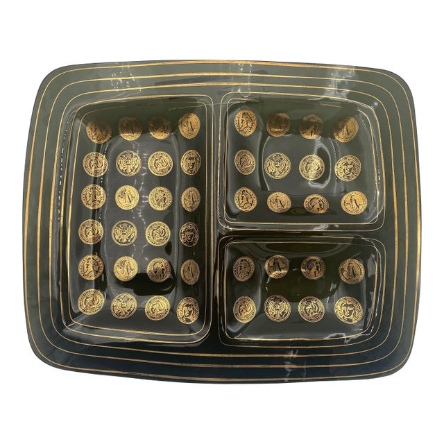 Vintage Black Glass Serving Tray With Gold Coin Motif For Sale