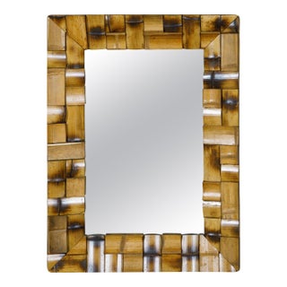 Midcentury French Bamboo Wall Mirror with Geometric Mosaic Style Arrangement For Sale