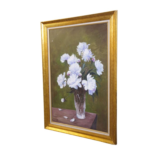 Vintage Peonies Bouquet Still Life Oil Painting on Canvas. Gold gesso frame with linen mat. Dimensions: 29.25" x 1.5" x...