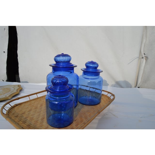 Mid 20th Century Takahashi Hand Blown Cobalt Blue Glass Apothecary Jars With Lids- Set of 3 For Sale - Image 4 of 11