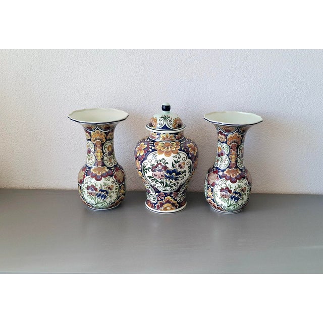 Set of Three Handworked Polychrome Boch Faience Vases, Premium Belgian Garniture Set For Sale - Image 6 of 11