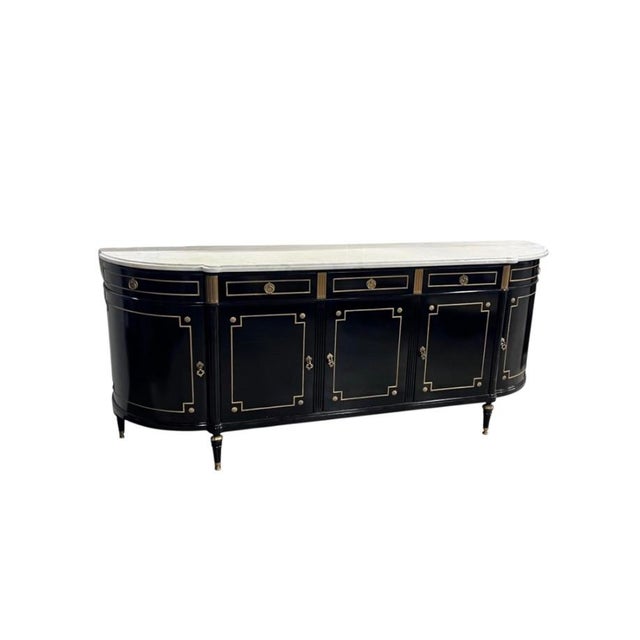 Black Louis XVI Style Ebonized Enfilade Buffet With Carrara Marble Top Bronze Mounts For Sale - Image 8 of 12
