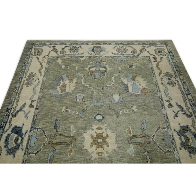 Early 21st Century Green Floral Design Handwoven Wool Turkish Oushak Rug 6'3" X 8'11" For Sale - Image 4 of 8