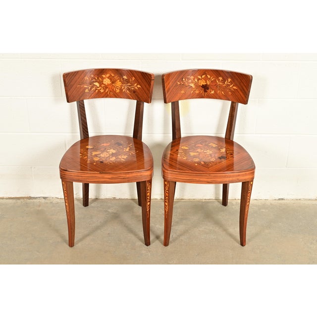 French Italian Louis XVI Kingwood Inlaid Marquetry Side Chairs or Dining Chairs, Pair For Sale - Image 3 of 13