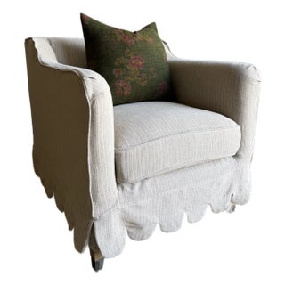 Linen Slip Covered Madison Chair With Scallop Skirt Detail and Down Cushion For Sale