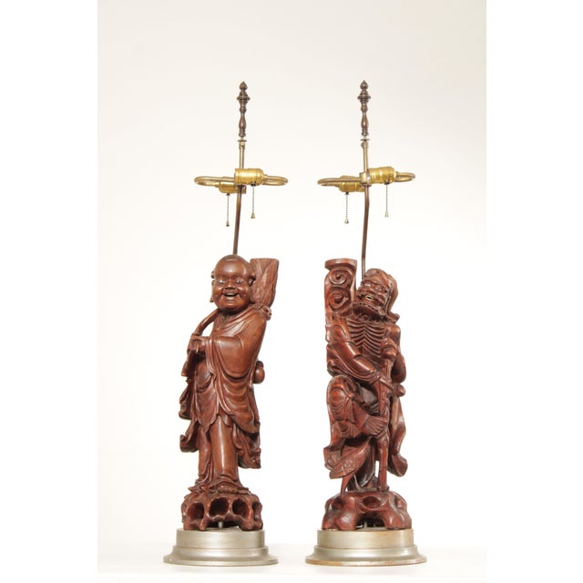 Vintage Pair Of Carved Hard Wood Chinese Figural Table Lamps With Brass Hardware For Sale - Image 9 of 12