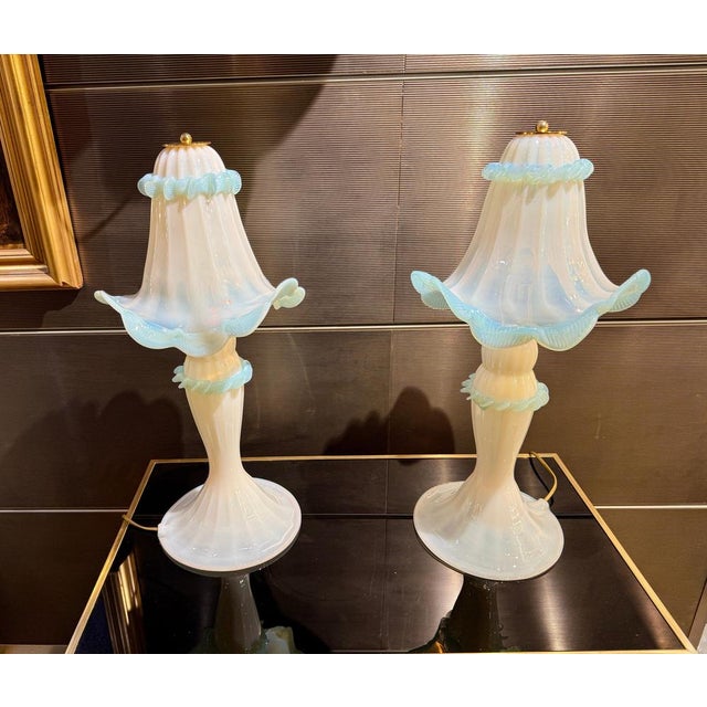 Opaline and Light Blu Murano Glass Table Lights, 1990s For Sale - Image 10 of 12
