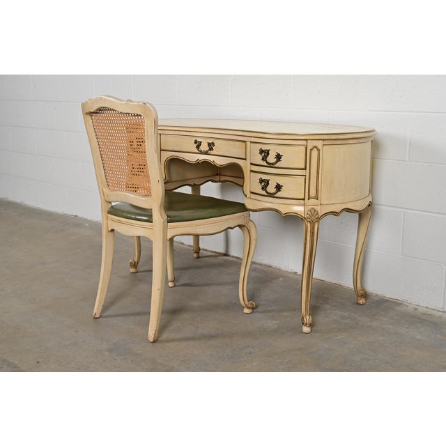 1950s John Widdicomb Style French Provincial Louis XV Cream Lacquered and Gold Gilt Leather Top Ladies Writing Desk and Chair, Circa 1950s For Sale - Image 5 of 15