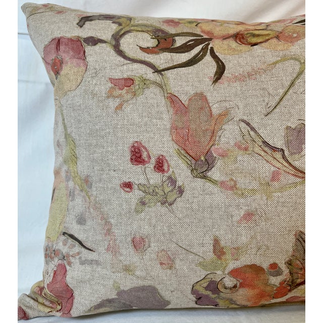 English Large Bolster Pillow Decorated With a Delicate Water Color Look Floral Pattern of Soft Pinks, Greens & Oranges - Made in the U K For Sale - Image 3 of 12