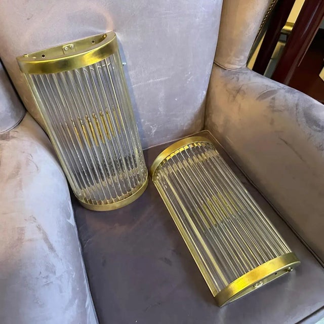 Two Sciolari Style Mid-Century Modern Brass and Glass Italian Wall Sconces For Sale - Image 11 of 12