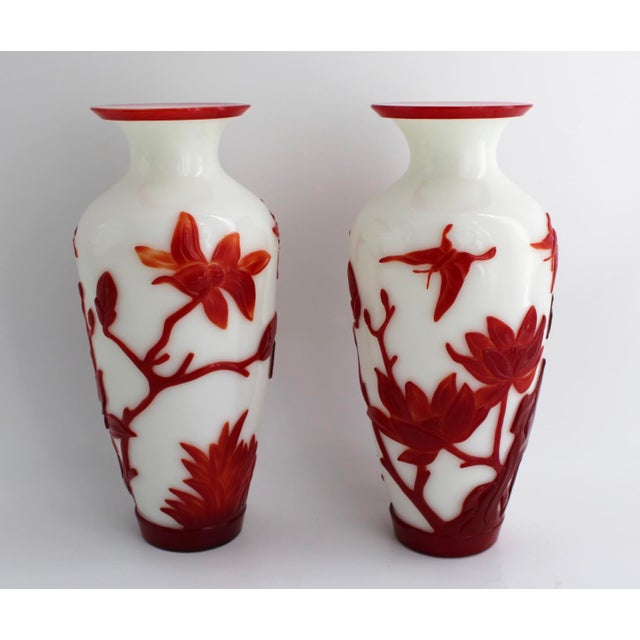 Antique Pair of Chinese Peking Glass Vases W/ Birds & Lotus Flowers, C1900, 10” For Sale - Image 11 of 14