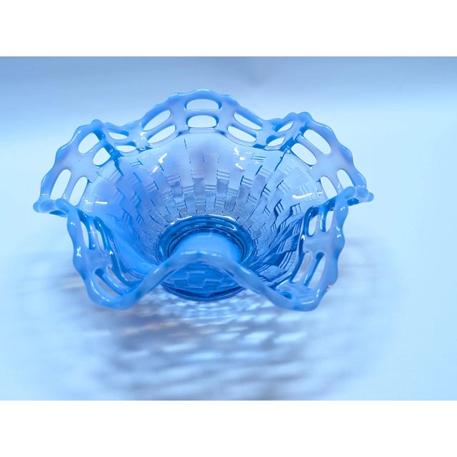 Glass 1930s Fenton Art Glass Basket Weave With Open Edge Blue Opalescent Double Crimped Bowl For Sale - Image 7 of 8