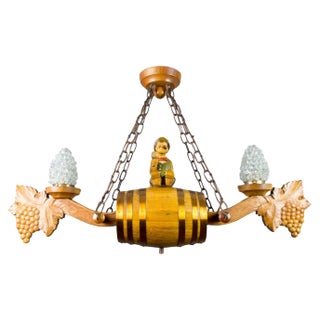 German Carved Wood Two-Light Wine Cellar Chandelier For Sale