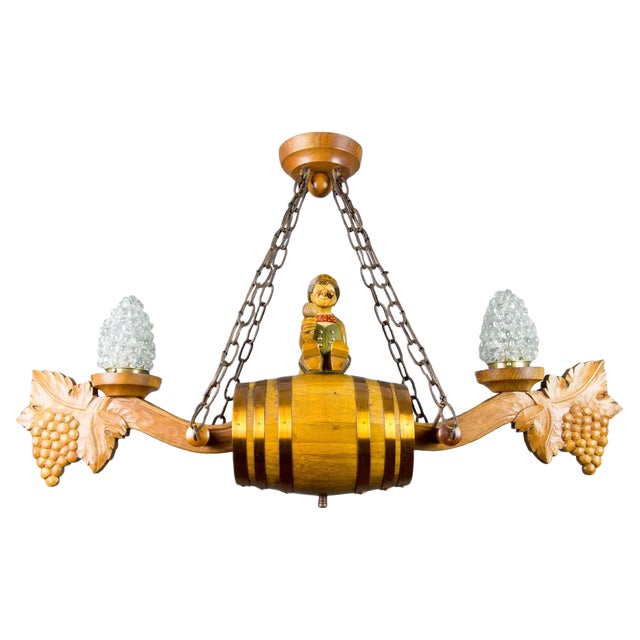 German Carved Wood Two-Light Wine Cellar Chandelier For Sale