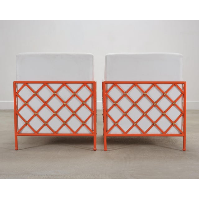 Pair of French Maison Jean Orange Iron Lattice Lounge Chairs For Sale - Image 18 of 18