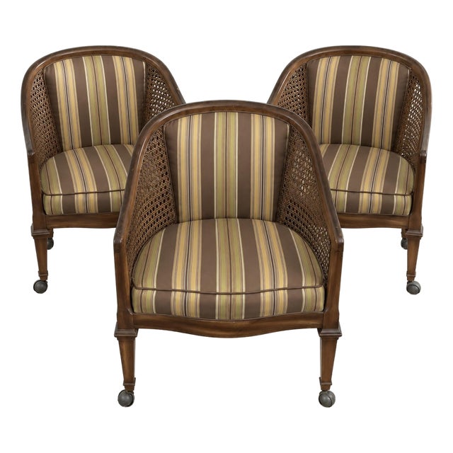 “Come and Knock on Our Door” – 1970s Mustard & Olive Cane Chairs, Set of 3 For Sale