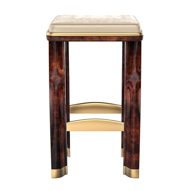 Coffee "Pera" Bar Stool With Burl Walnut and Bronze Details, Hand Crafted For Sale - Image 8 of 8