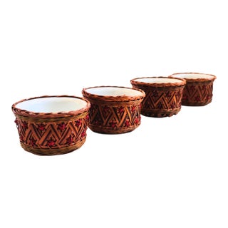 Wicker Wrapped Ceramic Bowls - Set of 4 For Sale