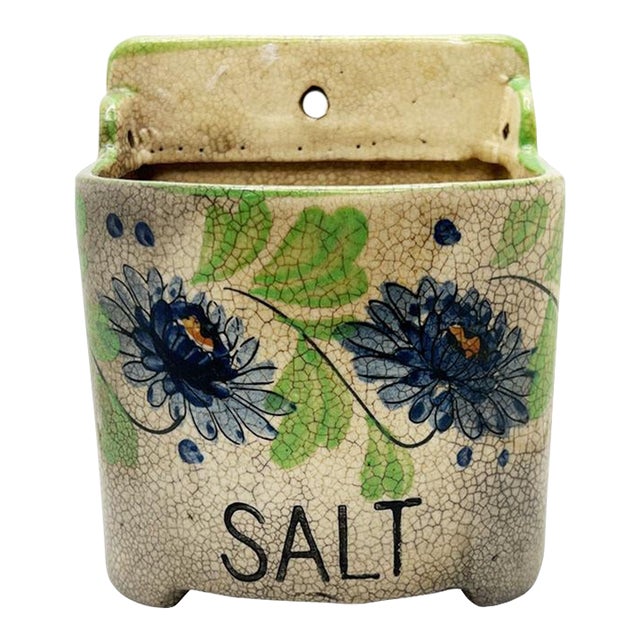 Vintage Floral Ceramic Hanging Wall Salt Cellar in Blue Green and Cream - Japan For Sale