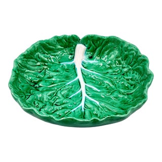 1940s Bordallo Pinheiro Cabbage Leaf Bowl Pressed Frog Mark Portugal Majolica 9" For Sale